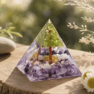 Pyramide Orgonite « Arbre de Vie – Harmonie & Renouveau » – Péridot & Charoïte – 6 cm