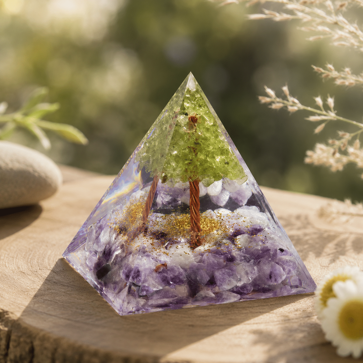 Pyramide Orgonite « Arbre de Vie – Harmonie & Renouveau » – Péridot & Charoïte – 6 cm