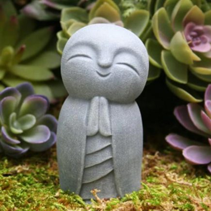 Statue Jizo Moine Souriant Et Priant - Résine Art Déco Orientale 8,3cm