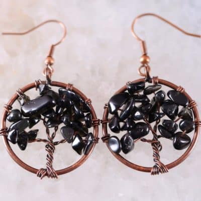 Boucles d'oreilles arbre de vie - Agate noire