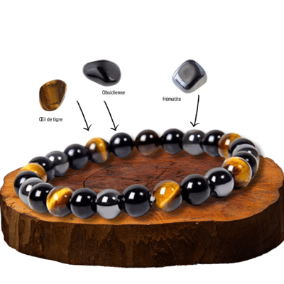 Bracelet triple protection - Œil de Tigre, Obsidienne et Hématite – Image 2