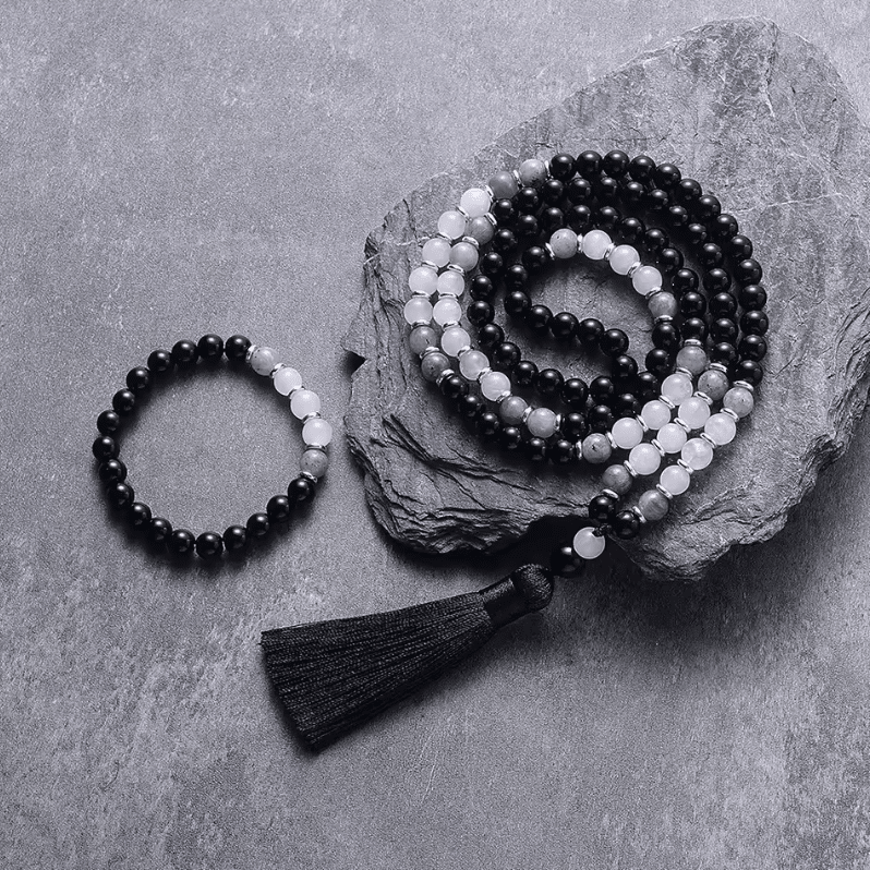 Ensemble Mala - Onyx noir, Quartz blanc et Labradorite - Protection et Harmonie