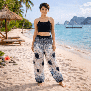 Pantalon de Yoga Boho - Bleu et blanc avec mandalas