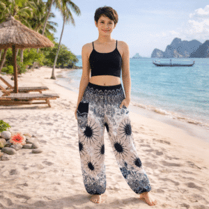 Pantalon de Yoga Boho - Bleu et blanc avec mandalas