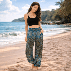 Pantalon de Yoga Boho - Bleu foncé et bleu clair avec mandalas