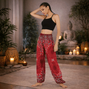 Pantalon de Yoga Boho - Rouge motifs floraux