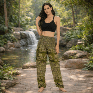 Pantalon de Yoga Boho - Vert et éléphant