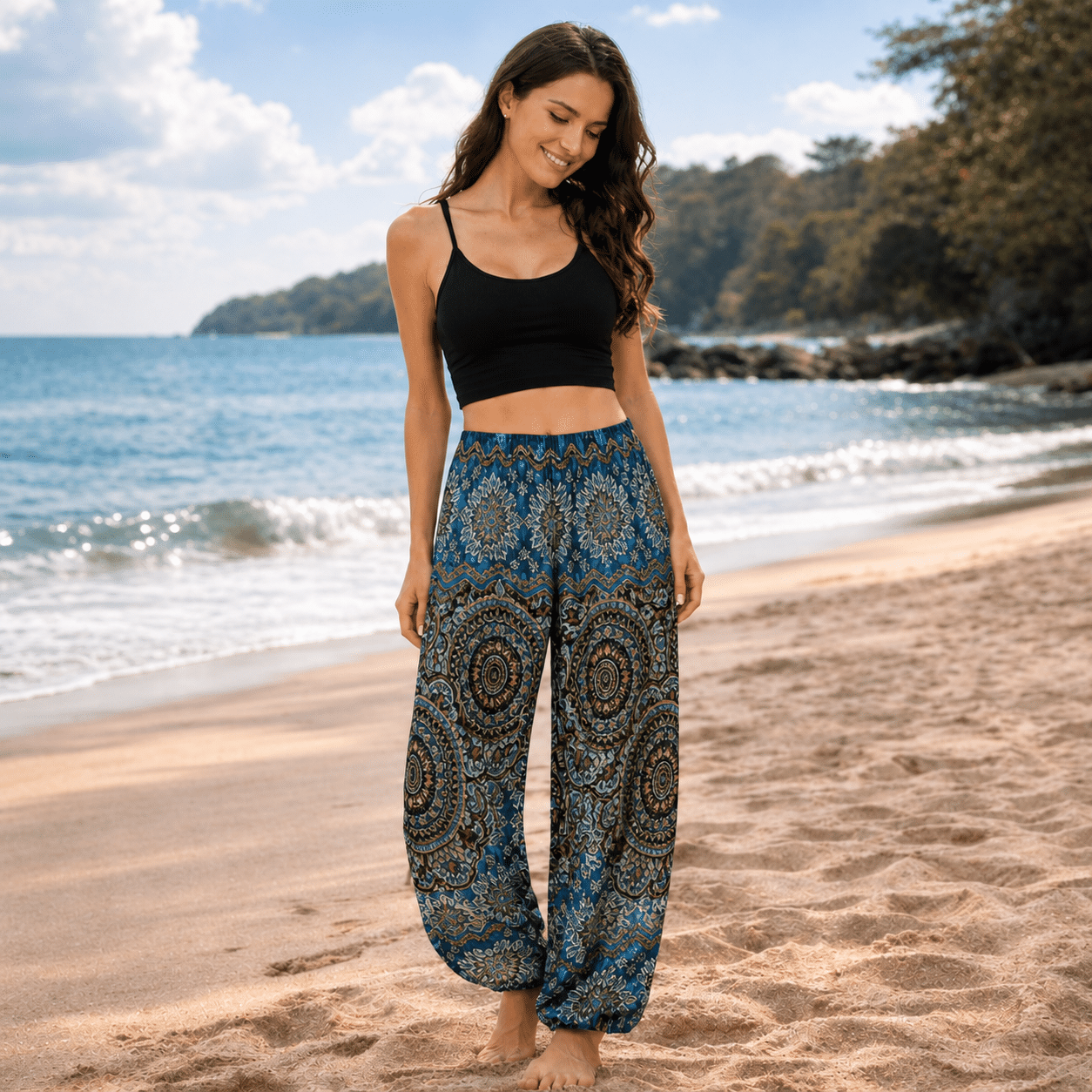 Pantalon de Yoga Boho - Bleu foncé et bleu clair avec mandalas