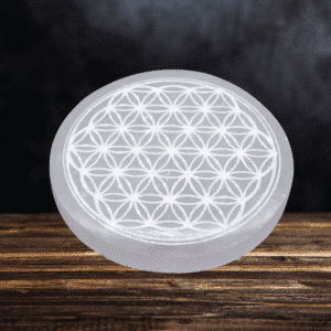Plaque de Sélénite gravée Fleur de Vie – Ø 10 cm (Maroc)