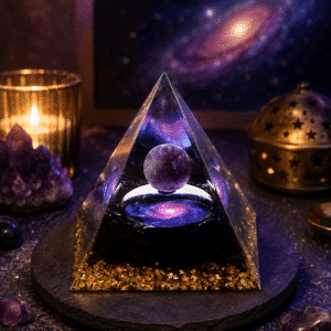 Pyramide « Galaxie Obsidienne & Améthyste – Protection & Élévation Spirituelle » – 6 cm