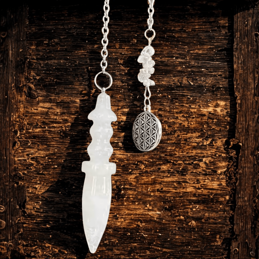 Pendule Thot Égyptien – Cristal de roche & Fleur de Vie