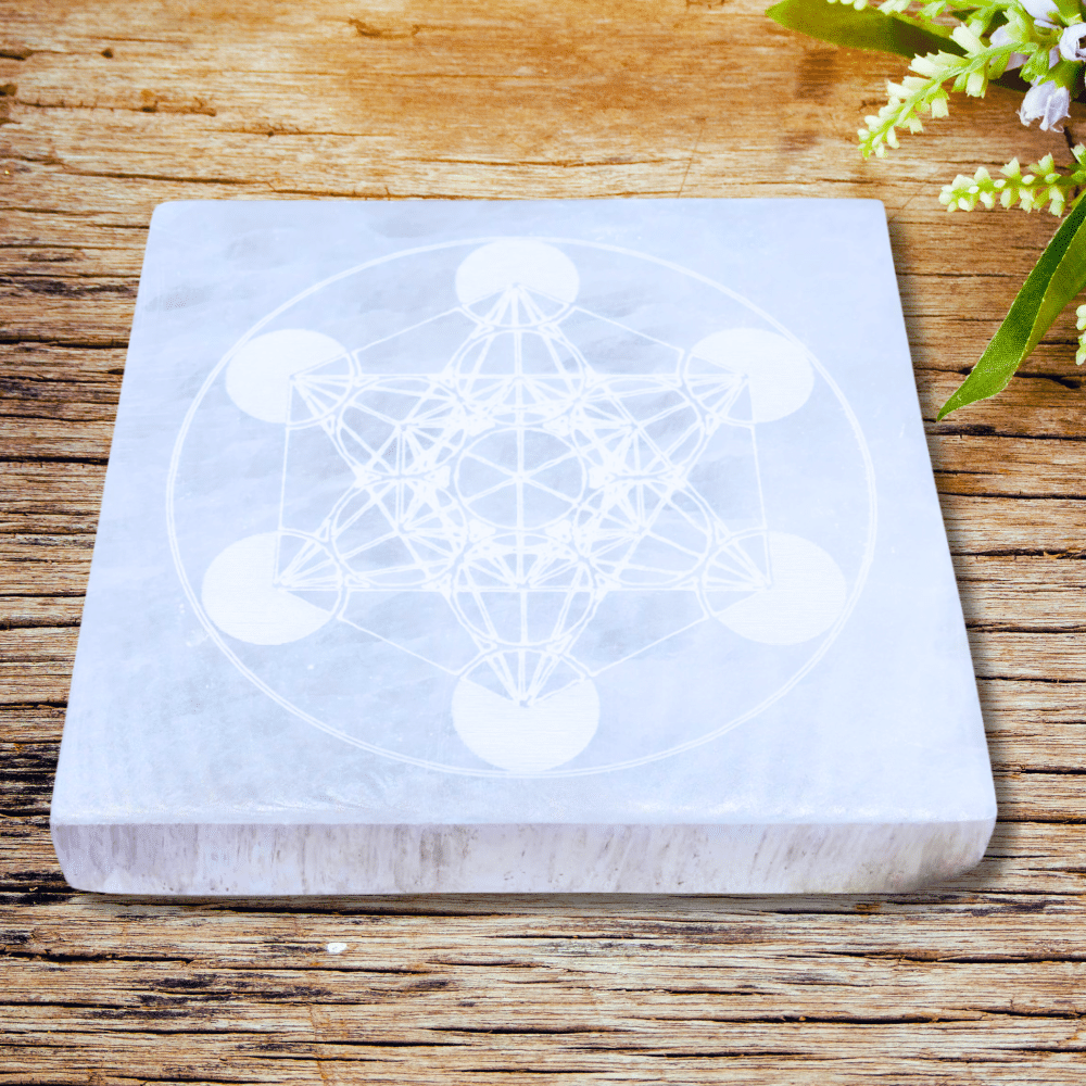 Plaque en Sélénite – Cube de Métatron 10 cm (Carrée)