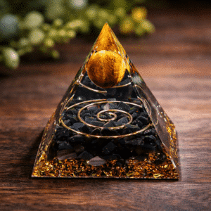 Pyramide Orgonite « Bouclier Protecteur » – Tourmaline & Œil de Tigre – 5 cm