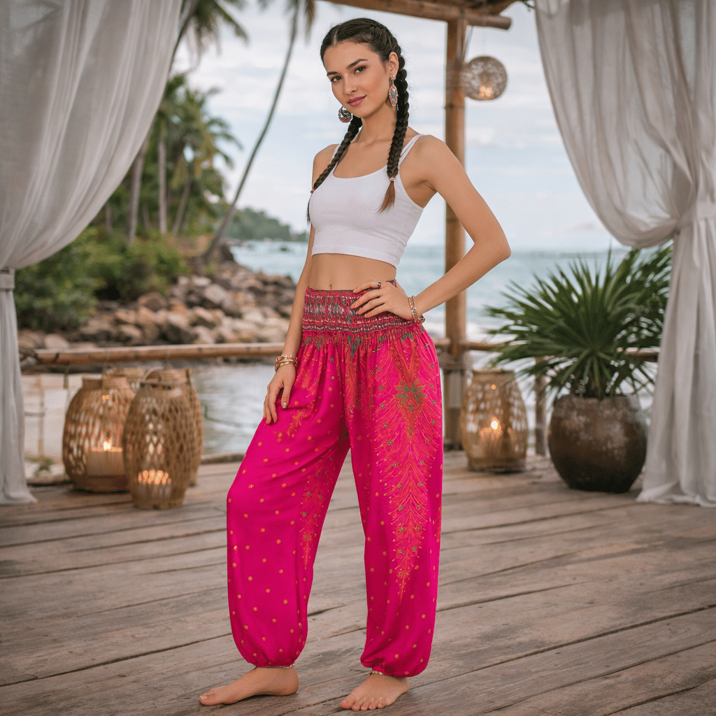 Pantalon de Yoga Boho - Mandalas rose déco florale