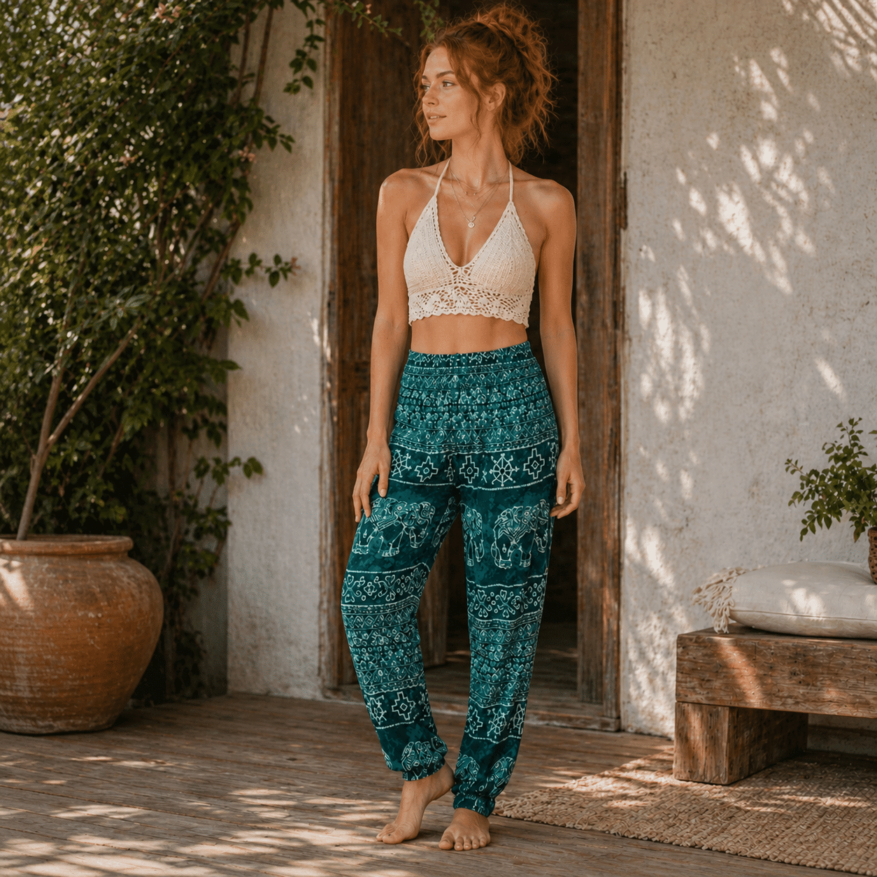 Pantalon de Yoga Boho - Pétrole et éléphants