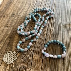 Ensemble Mala & Bracelet Larimar & Améthyste Lavande – Fleur de Vie