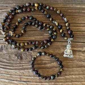 Mala 108 perles Œil de Tigre multicolore noué – Bracelet assorti