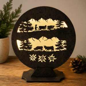 Lampe LED en bois – Découpe laser « La Poya Suisse » – Fabrication artisanale - 001