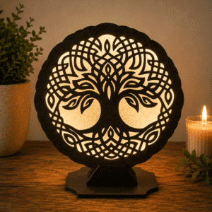 Lampe LED en bois – Découpe laser « Yggdrasil, l'Arbre du Monde » – Fabrication artisanale - 004