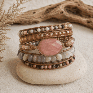 Bracelet Wrap – Rhodonite & Agate – Pièce centrale