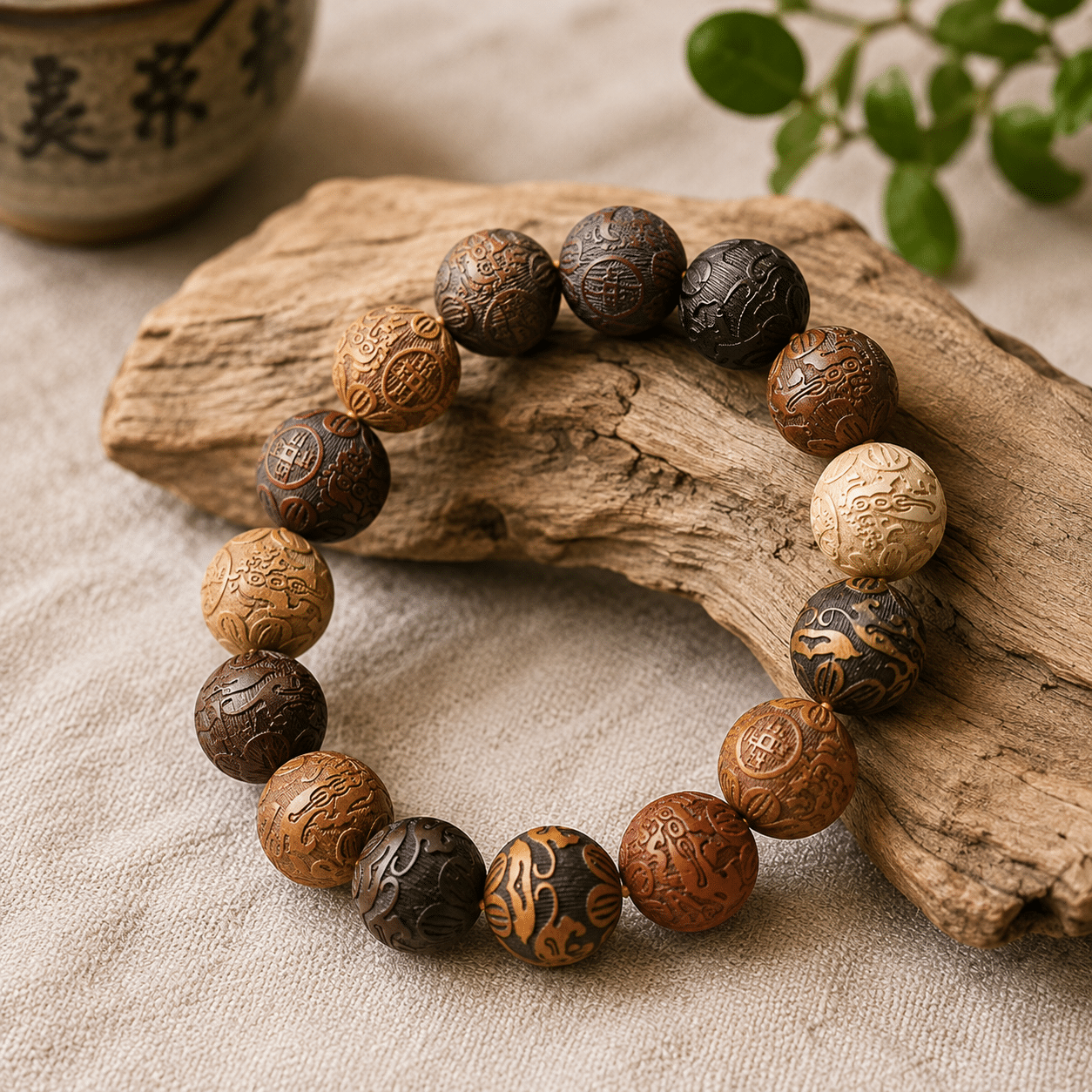 Bracelet en bois sculpté – Inspiration asiatique