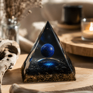 Pyramide Orgonite « Pentagramme Mystique » – Obsidienne & Lapis-Lazuli – 6 cm