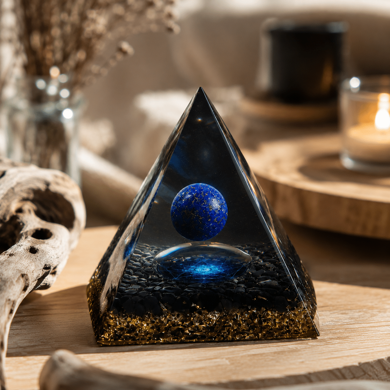 Pyramide Orgonite « Pentagramme Mystique » – Obsidienne & Lapis-Lazuli – 6 cm