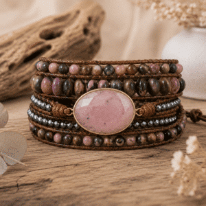 Bracelet Wrap – Rhodonite & Agate indienne – Pièce central