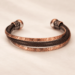 Bracelet en cuivre magnétique – 2 aimants – motif floral et tressé – env. 1,5 cm